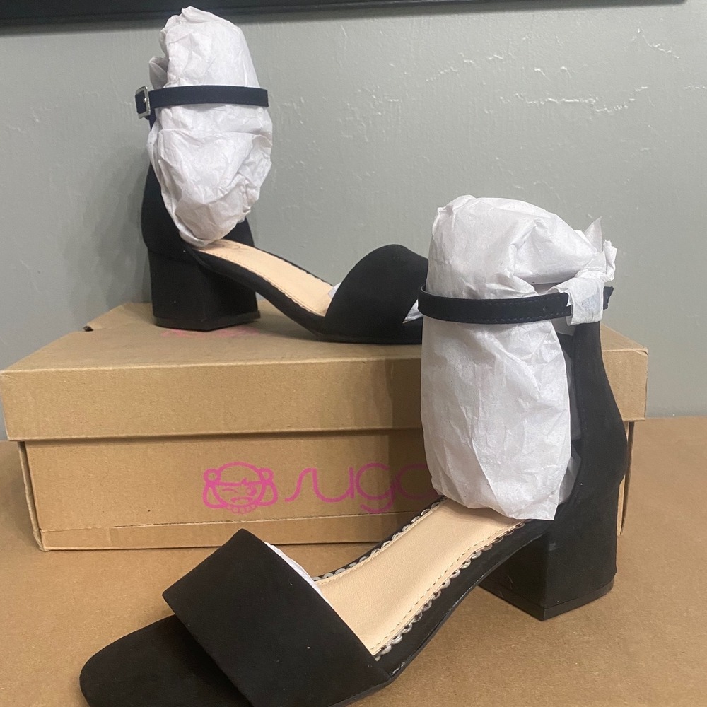Sugar Noelle Low‎ Black Micro Suede Block Heel Sandal Womens 6.5 EFK227 New